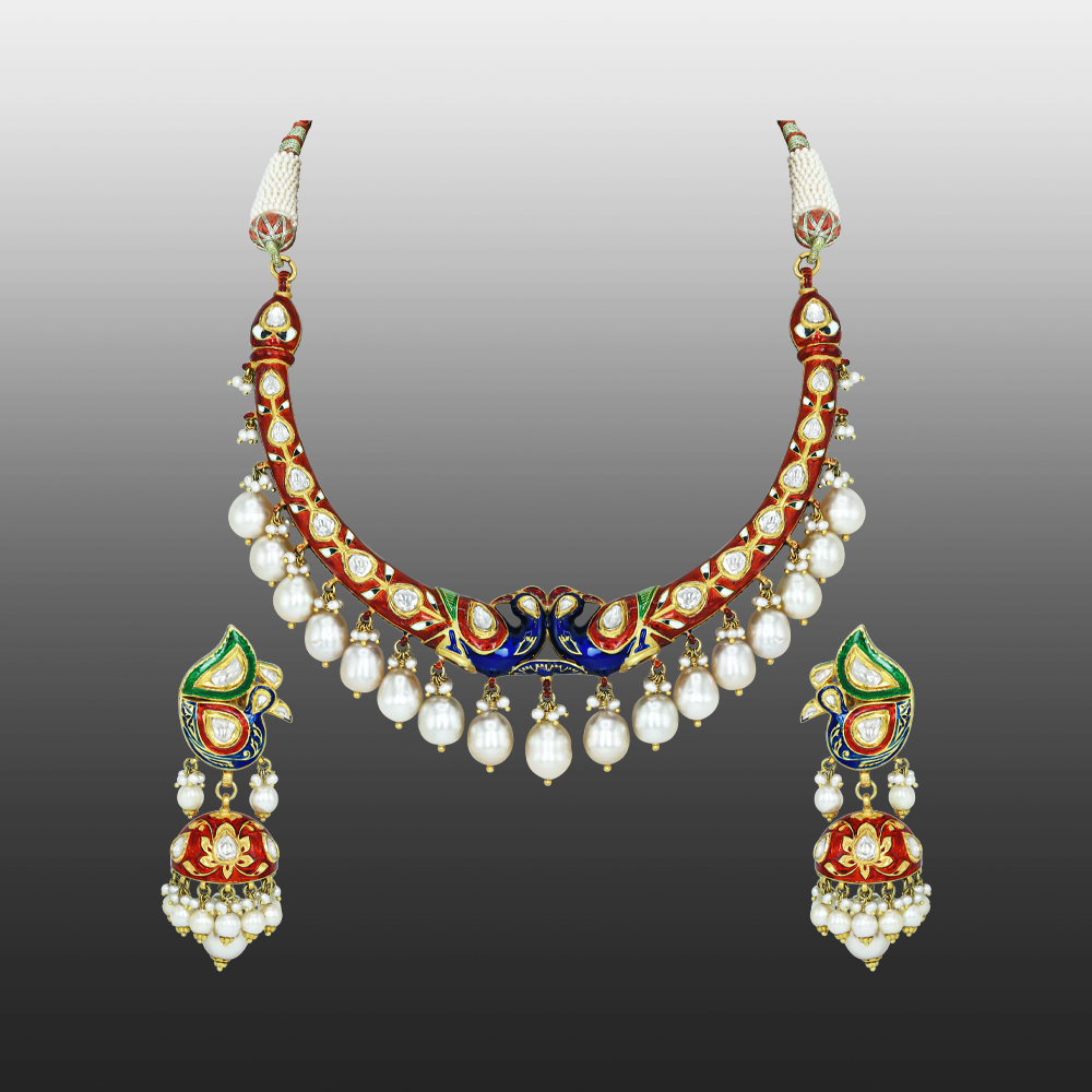 Peacock Motif Enamel Necklace Set with Polki and Pearl Drops